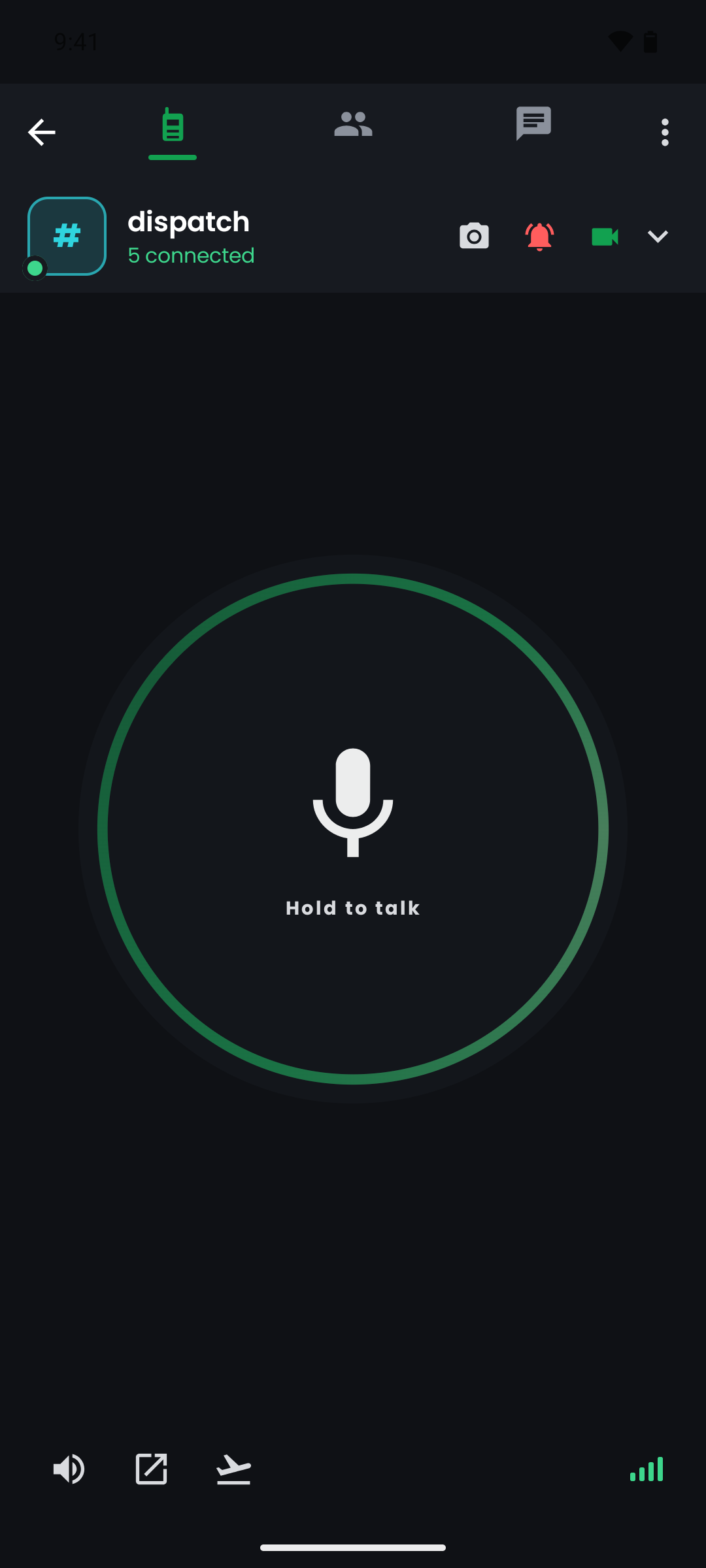 The same push.tt talk screen carrying an enterprise identity, rendered in that company’s green