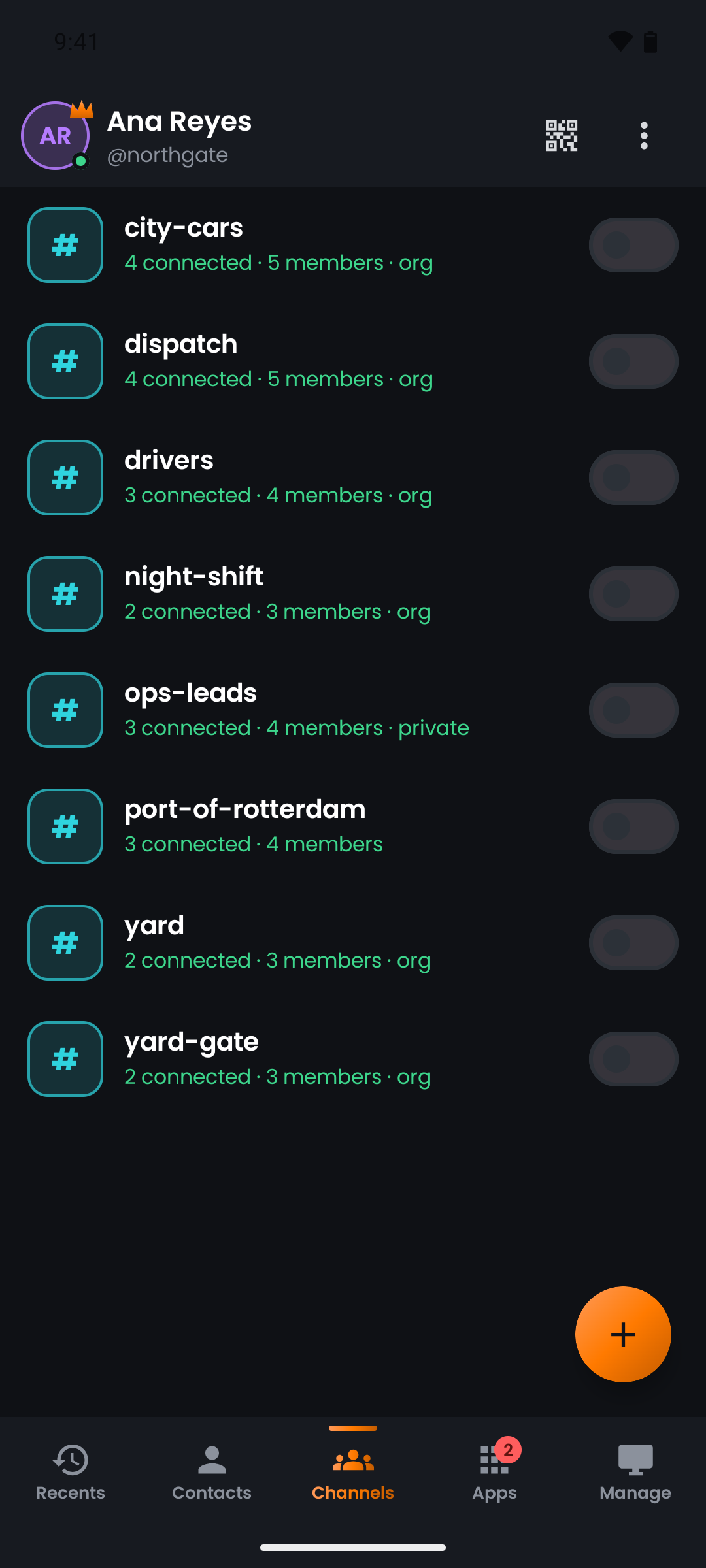 The push.tt channel list showing all three kinds side by side — organisation, private and public