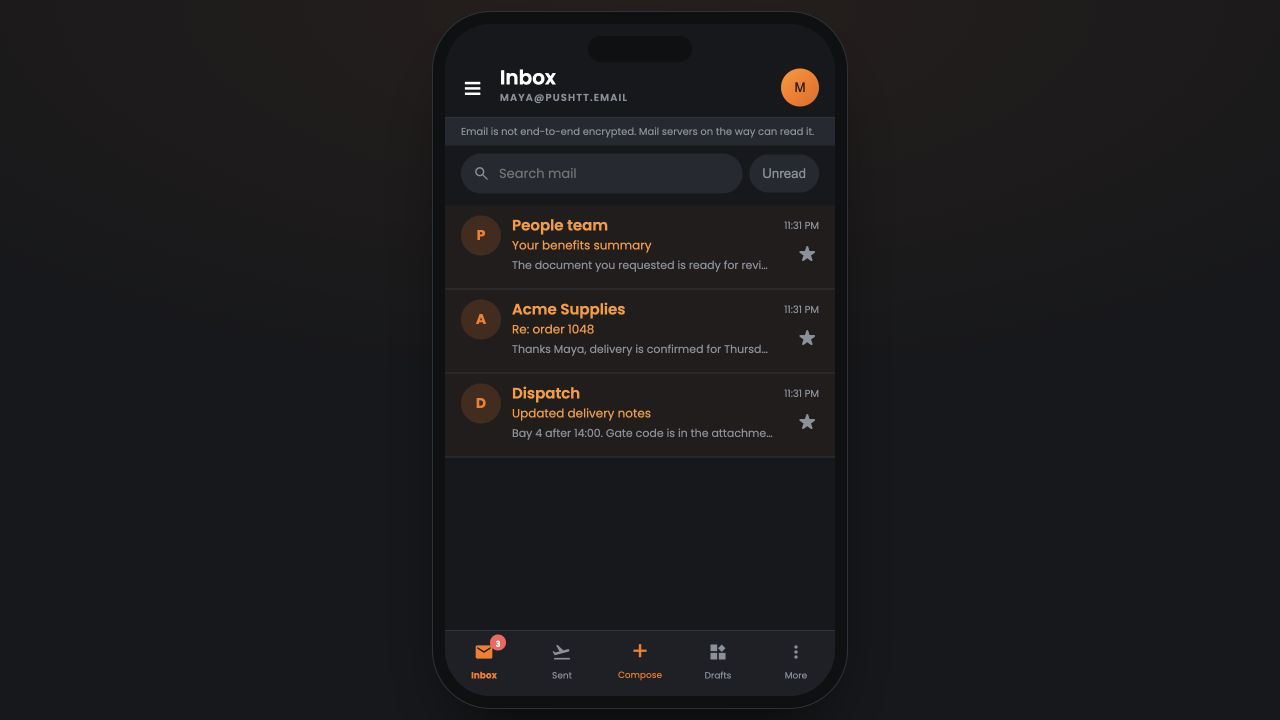 The current push.tt built-in inbox with three real-looking work messages