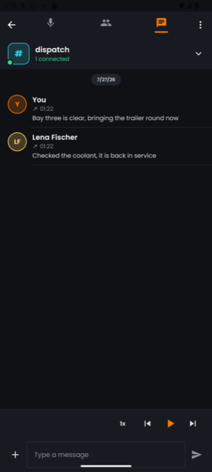 The channel history pane as a full-width voice log