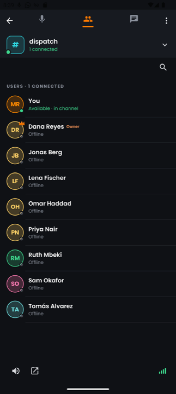The channel members pane showing roles and connection state
