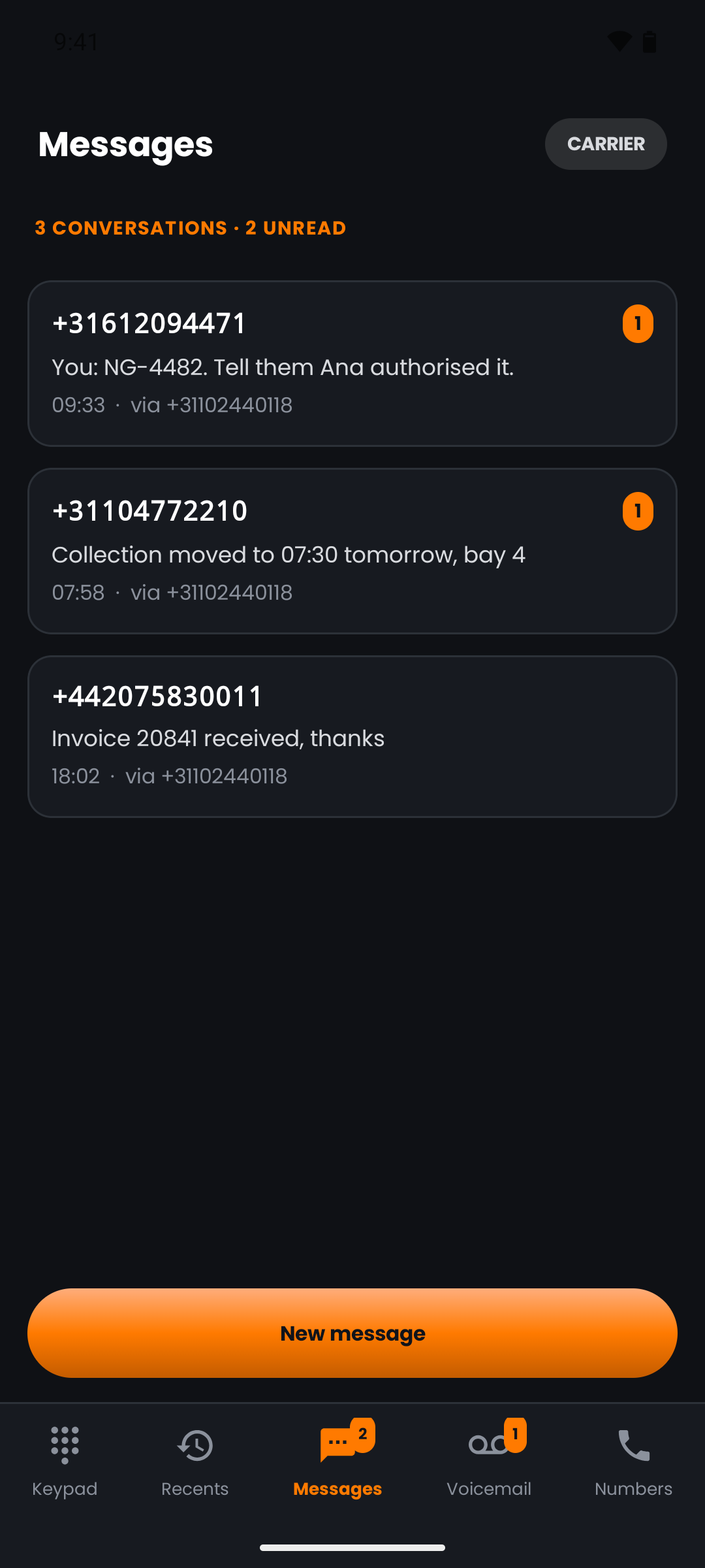 World Phone conversations in the app, each showing which rented number it arrived on