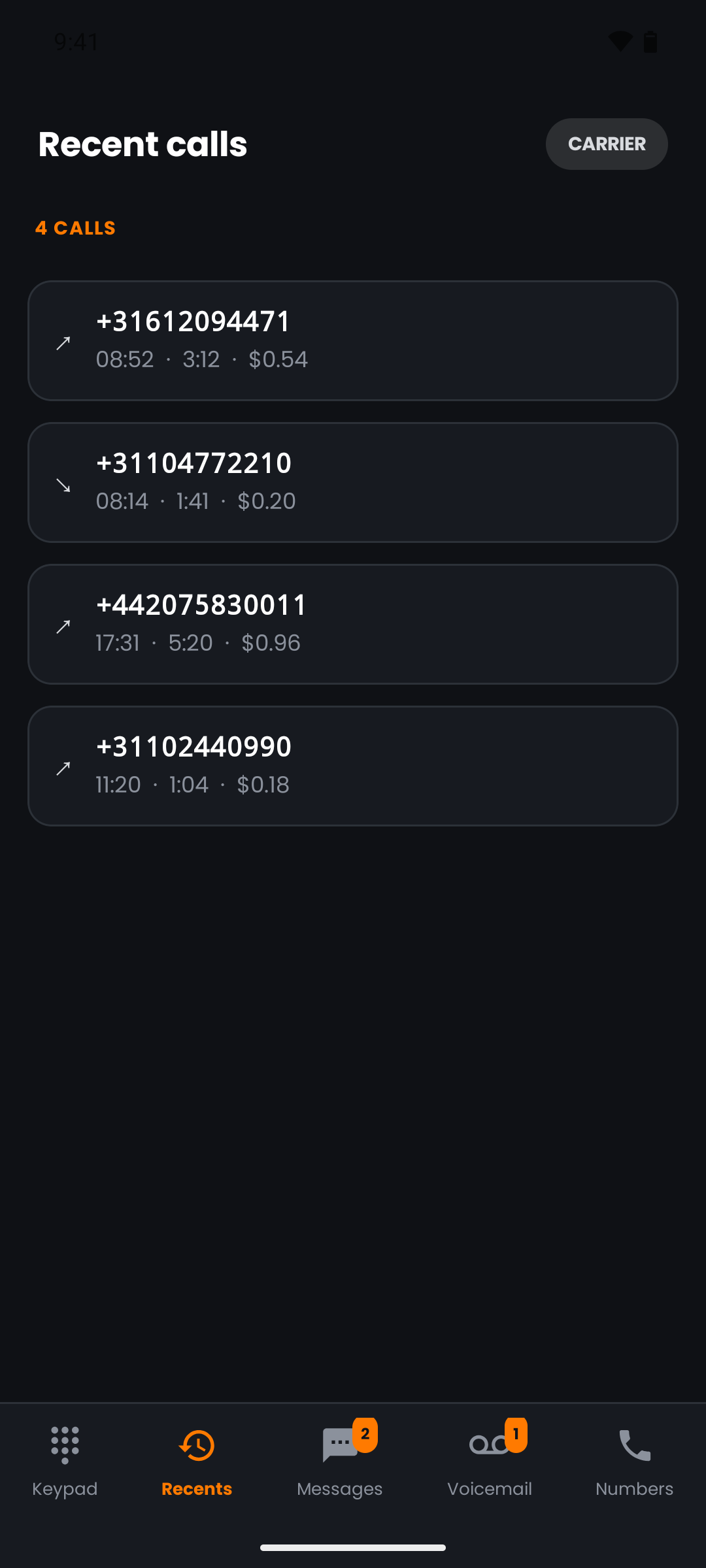 Recent World Phone calls, each row carrying its duration and what that call cost