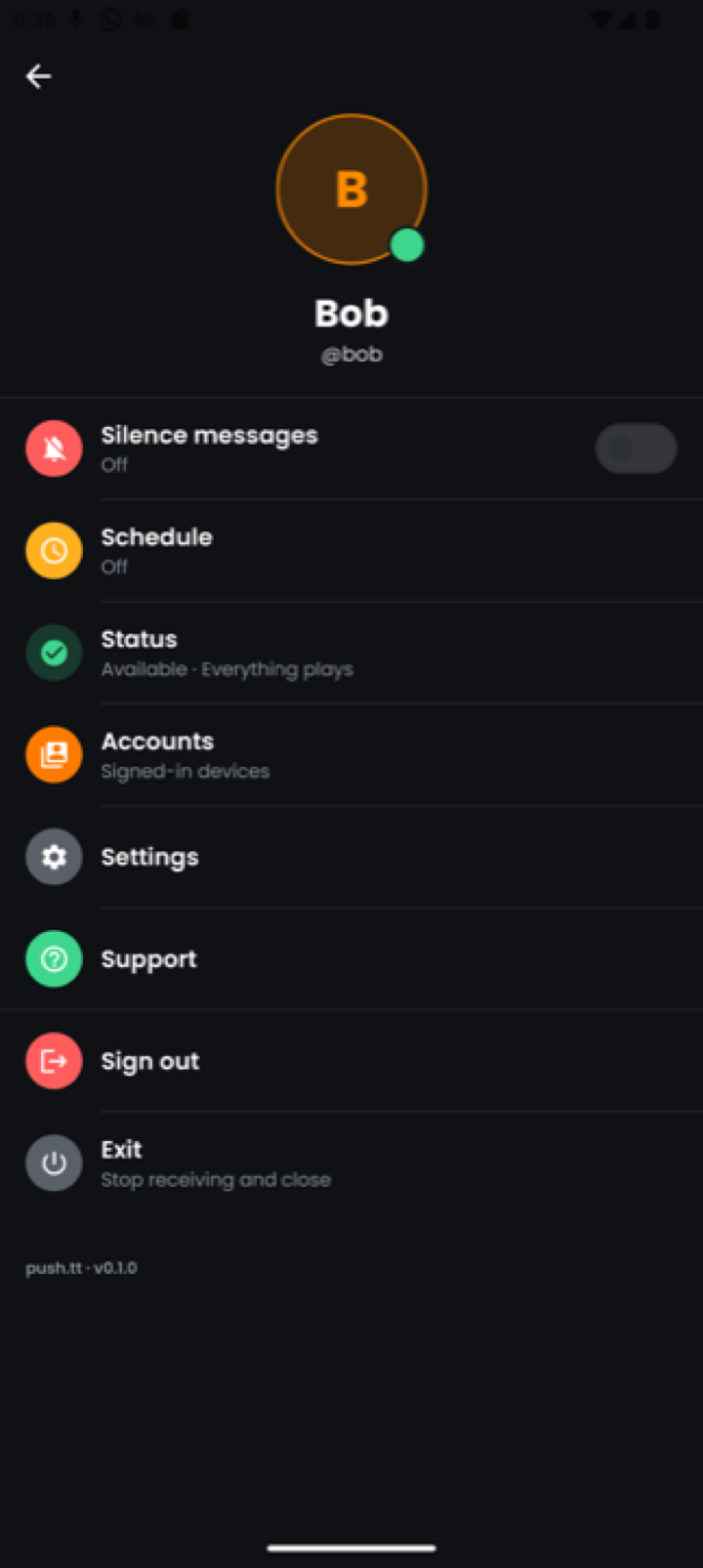 The app's profile drawer, showing the product name in the handset chrome