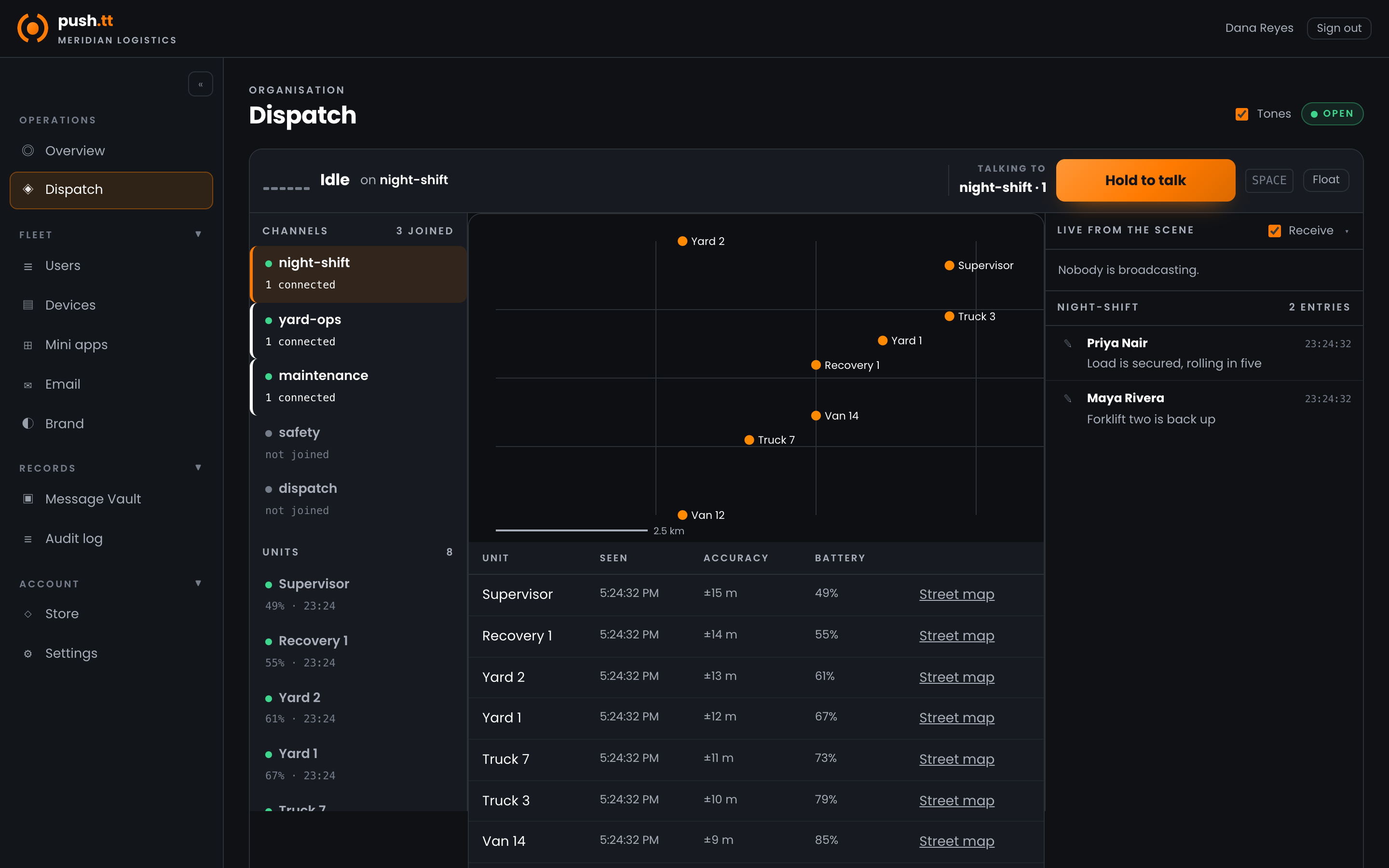 The current push.tt dispatch console showing channels, live units, location awareness and radio traffic
