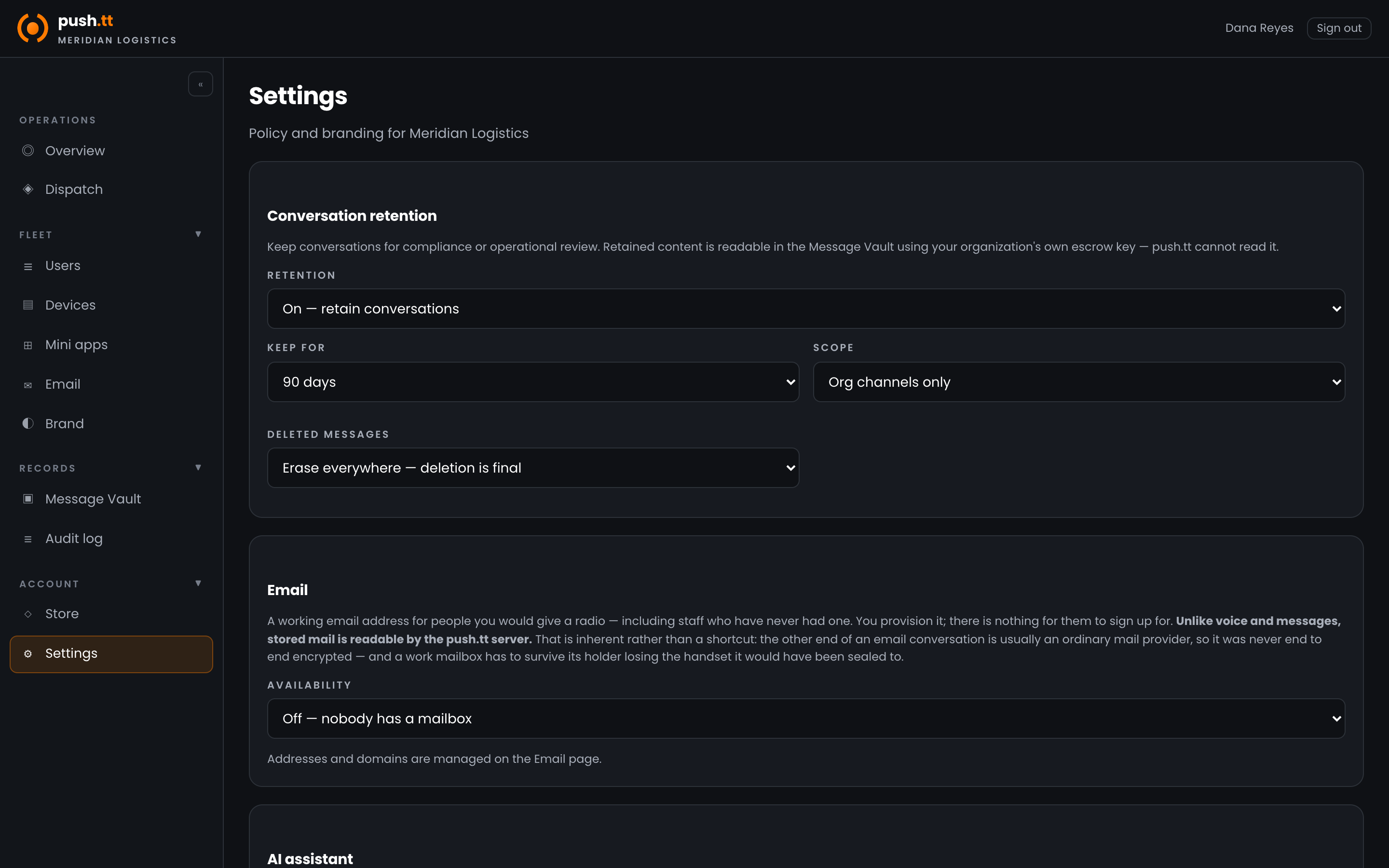 Console settings showing the AI transcription and assistant controls