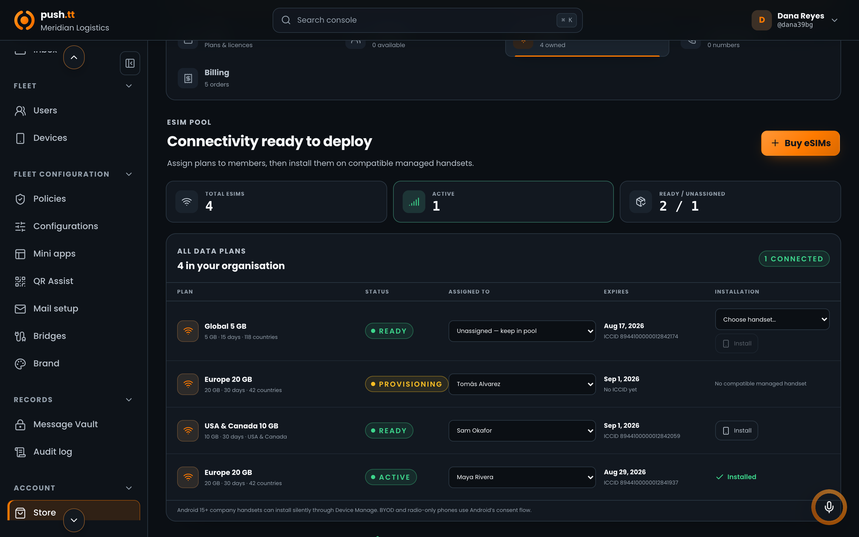 The live eSIM inventory showing active, ready, assigned, and unassigned data plans