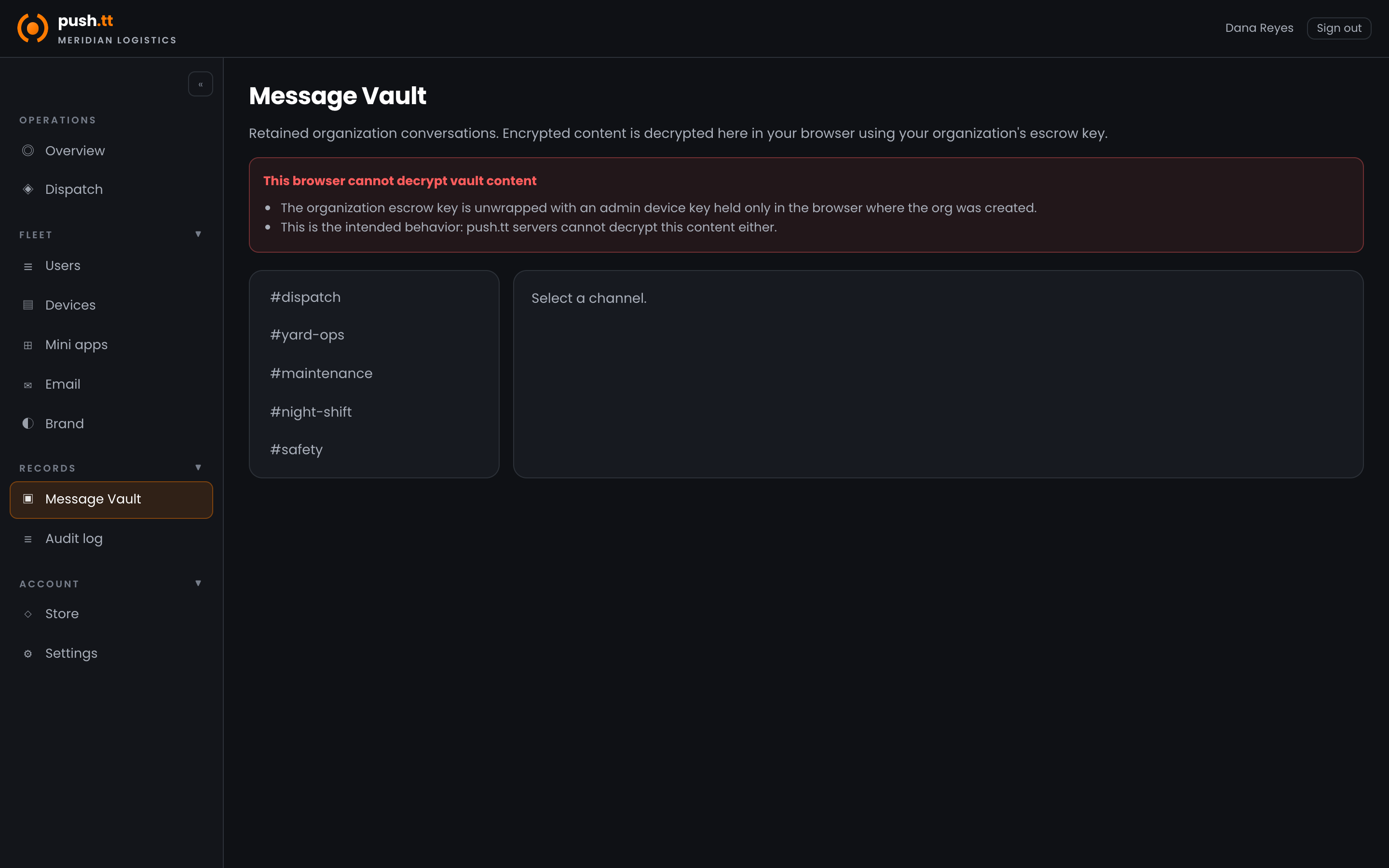Message Vault channel list for compliance review